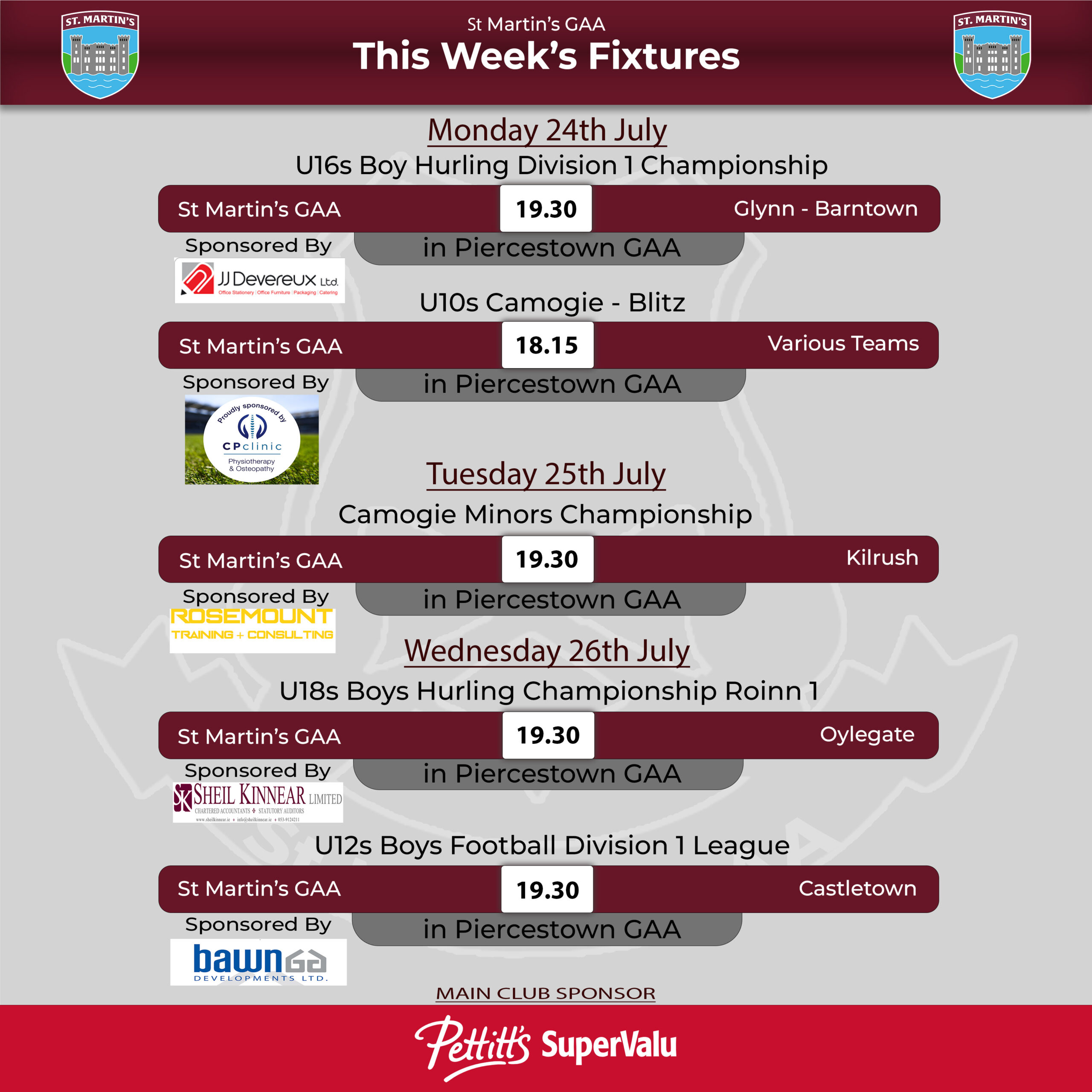 Fixtures of the Week of 29th May - 4th June 2023 - St. Martin's GAA